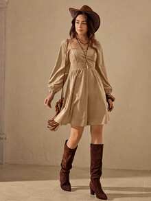 Wildy Elegant Khaki Square Neck Mini Dress For Women With Long Puff Sleeves And Flared Hem Made Of Woven Fabric - Khaki - View 4