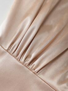 Franclia 女士优雅简约V领无袖收腰修身香槟色缎面长款连衣裙，春夏款 - 香檳色 - 查看 8