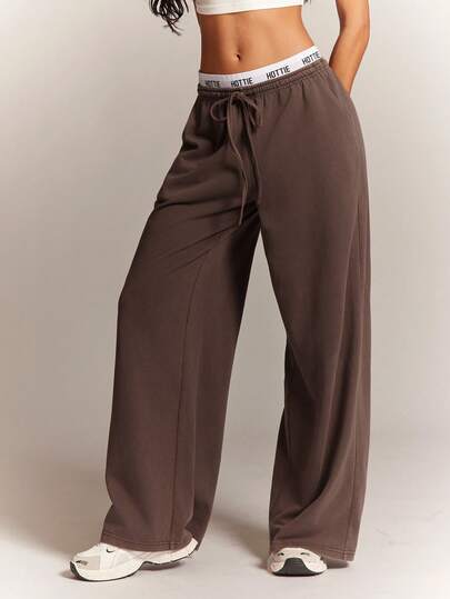 Radiana Women's Casual Loose Letter Waistband Low-Waist Sweatpants, Vintage Washed Brown Loose Low-Waist Wide-Leg Pants, Oversized American Street Style Wide-Leg Sweatpants, Comfortable Loose Casual Pants, Low-Waist Wide-Leg Pants, Low-Waist Sweatpants, Low-Waist Long Pants, Loose Fit Long Pants, West Coast Style Loose Fit Long Pants