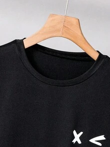 SHEIN Baju Anak Laki-Laki Remaja Perempuan Model Lengan Pendek Kerah Bulat Motif Wajah Warna Biru, Kasual & Serbaguna untuk Pemakaian Sehari-hari, Musim Semi/Panas - Hitam - View 5
