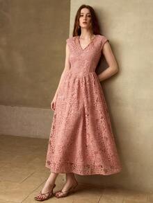 MOTF PREMIUM WOMEN'S LACE A-LINE DESIGN MIDI DRESS, SUITABLE FOR OCCASIONS, DATES, SPRING/SUMMER - Dusty Pink - View 7