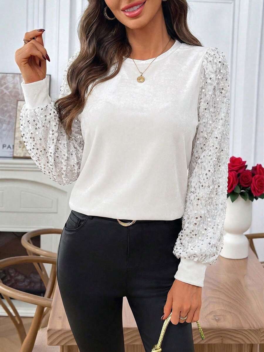 EMERY ROSE Áo nữ dài tay cổ tròn phối nhiều mảnh, kiểu dáng thu đông. - trắng - Xem 1