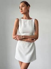 Firerie Đầm mini đỏ thanh lịch mới, thiết kế hở lưng gợi cảm với nơ, thích hợp cho kỳ nghỉ của phụ nữ, trang phục dự tiệc cưới/đầm dự tiệc cô dâu/đầm trắng; đầm chống nắng hở lưng buộc dây - trắng - Xem 4