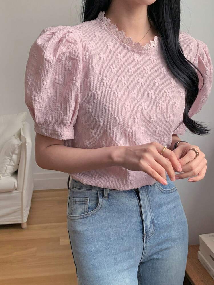 Women's Elegant Round Neck Short Sleeve Blouse, Casual Design For Spring, Summer, Valentine's Day, Wedding