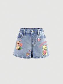 SHEIN 小女孩卡通水豚印花蓝色牛仔短裤 - 淺色水洗藍 - 查看 3