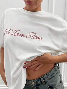 Cloudara White Cotton T-Shirt – Lettering & Rose Rhinestone Back Design, Women's Short Sleeve - White - View 5