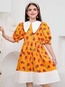 SHEIN Tween Girl Woven Floral Colorblock Beaded Doll Collar Puff Sleeve Cinched Waist Mid-Length Dress, Suitable For Travel, Vacation, Countryside Style, Casual Resort, Boho, Matching Sister & Daughter, Yellow Dress, Kids Dresses Puff Sleeve, Girls Matching Dresses, Girls Puff Sleeve Dress - Yellow - View 10