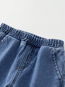 Jeans rectos de mezclilla azul lavada con abertura lateral, de estilo casual y versátil para niñas (talla pequeña) - Azul - Ver 5