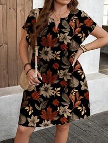 SHEIN LUNE Casual Vintage Maple Leaf & Floral Pattern Loose Short Sleeve Plus Size Dress, Suitable For Summer Spring - Multicolor - View 5