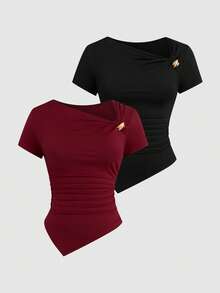 Sweetra T-shirt ajusté à manches courtes avec ourlet asymétrique minimaliste de couleur unie grande taille - Noir - Voir 1