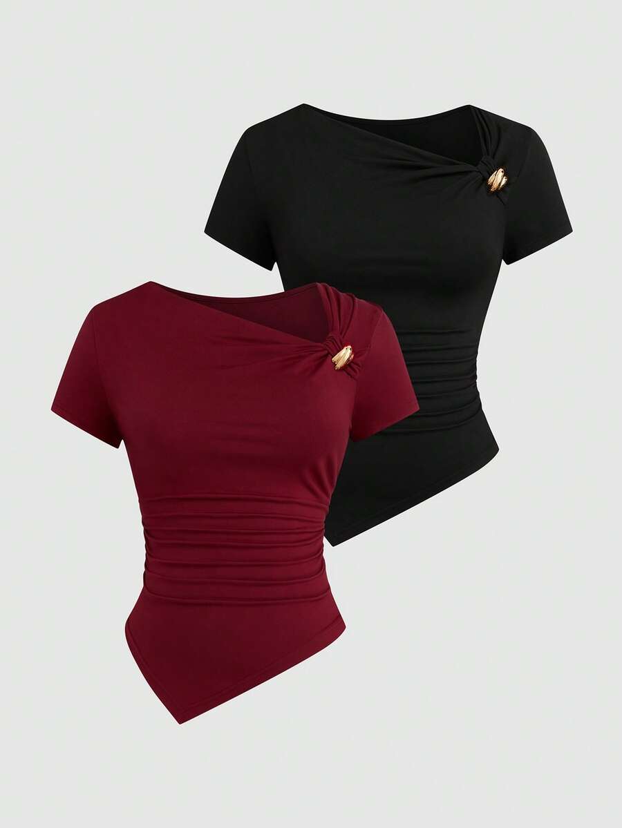 Sweetra T-shirt ajusté à manches courtes avec ourlet asymétrique minimaliste de couleur unie grande taille - Noir - Voir 1