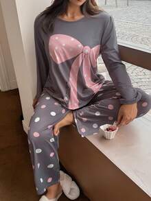 SHEIN Set de pijama de 2 piezas con estampado de lunares y moño en talla grande - Multicolor - Ver 3