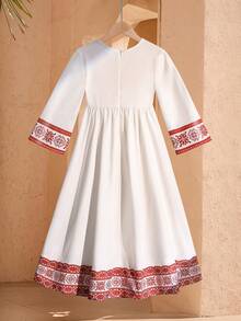 Trang phục truyền thống Ả Rập cho bé gái tuổi teen, váy tay loe in họa tiết hình học cổ điển kiểu Trung Đông, váy dài Ả Rập, áo Abaya tay dài cho bé gái Hồi giáo. - Màu be - Xem 2