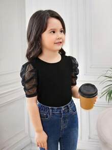 SHEIN Ung flicka mesh patchwork rund hals enfärgad kortärmad t-shirt - Svart - Visa 2