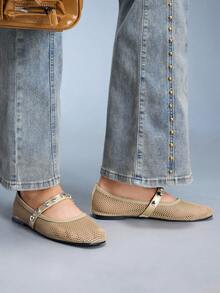 CUCCOO GRLICON Women's Hollow Out Studded Decor Casual Fashionable Flat Shoes Valentine's Day - Apricot - View 2