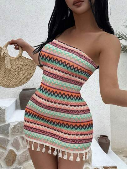 Sunnyshic 欧美风性感女士度假风无肩带修身腰部流苏拼接连衣裙