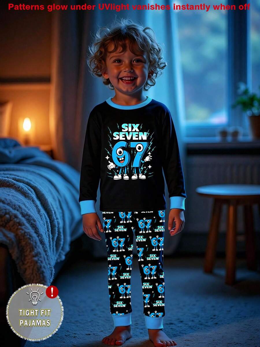1 Set Boys Glow-In-The-Dark Cartoon Number 6 & 7 Print Long Sleeve Snug Fit Pajama Set, Spring/Autumn/All Season Snug Fit - Black - View 1