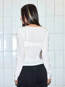 ROMWE Grunge Punk Y3K Virgin Mary Cyber Symbol Flocked Print Slim Fit Long Sleeve T-Shirt Top For Women - White - View 3