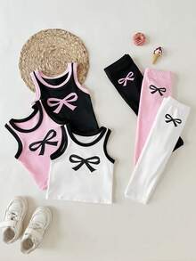 SHEIN Playful Pals Bộ đồ thể thao ngoài trời mùa xuân cho bé gái, chất liệu vải gân in hình trái tim, gồm áo tank top không tay và quần ống rộng thoải mái cạp chun. - Nhiều màu - Xem 7