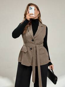 Auralis 大码女装春秋季时尚休闲宽松舒适日常卡其色西装背心外套，复古风格，适合工作、商务休闲、秋季穿搭、办公室女性着装、女士西装外套 - 駝色 - 查看 1