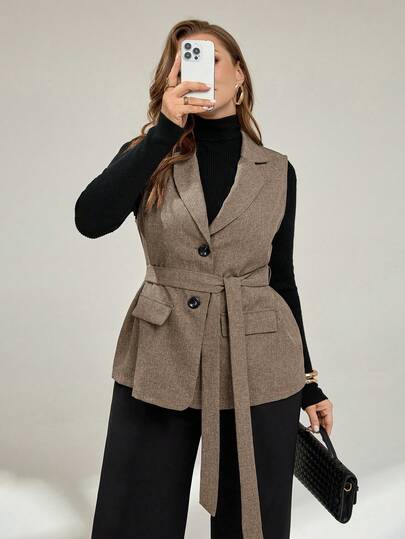 Auralis Plus Size Women's Spring And Autumn Fashion Casual Loose Comfortable Daily Khaki Suit Vest Jacket, Old Money Style,Work Wear,Business Casual Women,Fall Outfit,Office Outfits For Women,Women Blazer