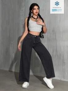 SHEIN PETITE 女款時尚休閒直筒口袋牛仔褲，適合嬌小女性 - 黑色 - 查看 4