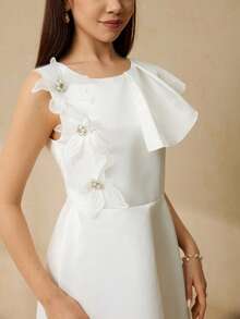 少女白色高端半袖贴花收腰A字长裙，适合婚礼、晚宴、演出、生日、派对等场合。 - 白色 - 查看 5