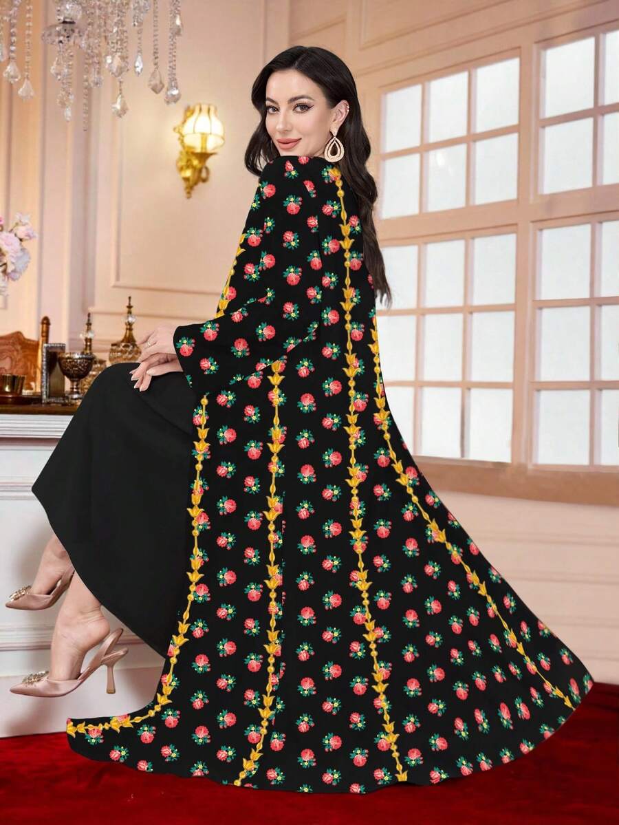 Al Najma 一件舒适保守的长款睡袍，传统复古印花连衣裙/碎花连衣裙，适合女性日常穿着、约会、休闲、派对、节日等场合。女士连衣裙，植物复古印花连衣裙，黑色连衣裙 - 黑色 - 查看 1