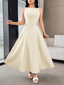 Feyla 女士时尚优雅无袖喇叭裙 - 淡黃色 - 查看 6