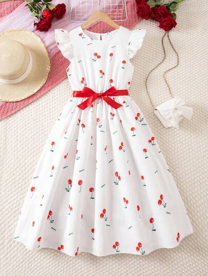 Vestido casual de vacaciones con estampado de cerezas para niña preadolescente