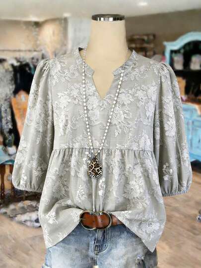 Linhara Plus Size Women Floral Print Notch V-Neck Puff Sleeve Casual Blouse,Valentine