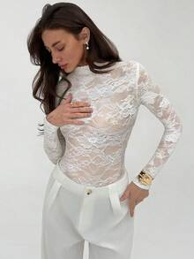 Aloruh Solid Color Stand Collar Sheer Lace Long Sleeve Bodysuit - White - View 4