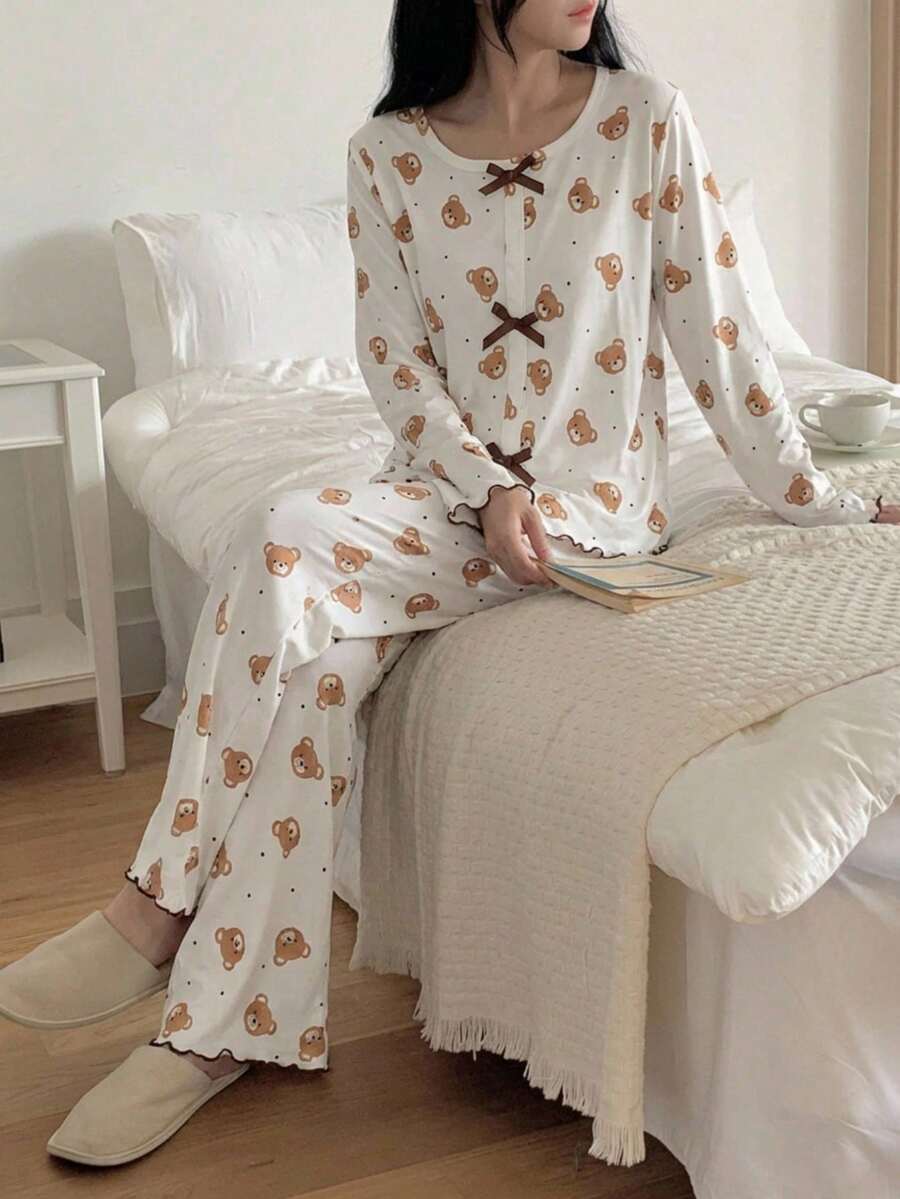 2件套女童白色小熊印花圆领针织长袖上衣和裤子套装，柔软亲肤，适合春夏穿着 - 彩色 - 查看 1