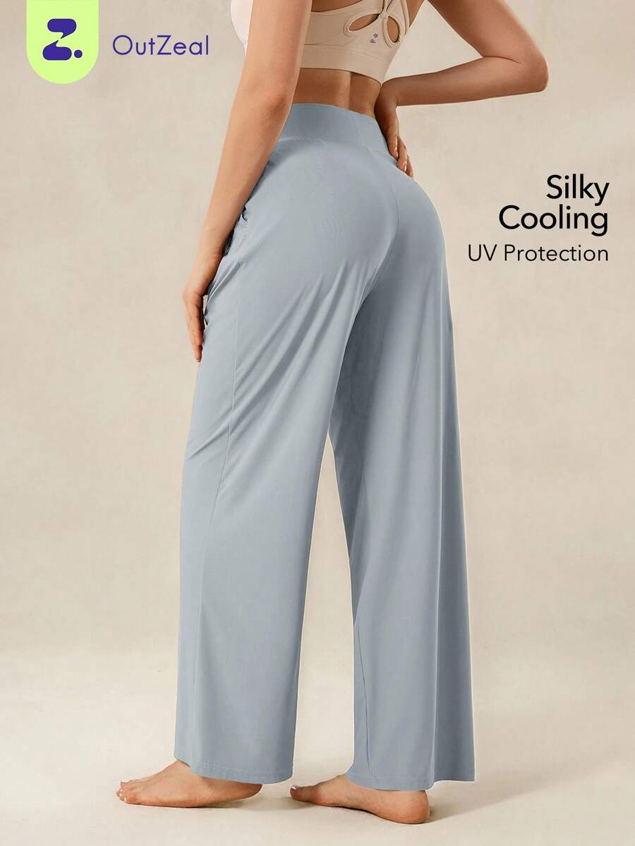 OutZeal Women Sports Pants Summer Daily Casual Silky Soft Cool Touch Nylon Tech Fabric Wide Leg High Waist With Pockets - Blue - View 1