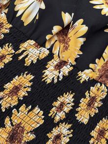 Ceyna Plus Size Elegant Sunflower Print Shirt, Spring/Summer - Black - View 3