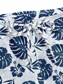 Manfinity Swimmode Men's Tropical Plant Print Drawstring Waist Pocket Beach Shorts - Black - View 4