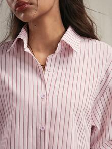Easelle 2pcs Loose Drop Shoulder Long Sleeve Front Button Pink Striped Woven Women Set Summer Valentine's Day Beach  Outfit For Women Vacation - Pink - View 7