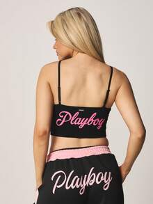 Missguided x Playboy Top sin mangas con diseño de logo bordado, top corto casual de verano - Negro - Ver 2
