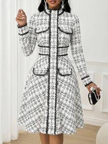 SHEIN Lady 女士立领插肩袖优雅中长连衣裙 - 白色 - 查看 7