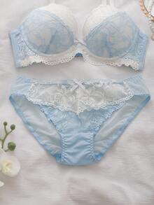 DelicateAllure 2pcs Contrast Color Floral Lace Patchwork Comfy Balconette Bra Set With Bow, Supportive & Comfortable Women Lingerie Set - Blue - View 5