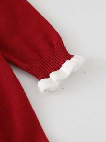 SHEIN Playful Pals 女婴时尚法式针织长袖毛衣连衣裙，秋冬季 - 紅色 - 查看 6