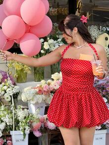 SHEIN EZwear 大码女式波点印花褶皱荷叶边露背时尚连衣裙 - 紅色 - 查看 4