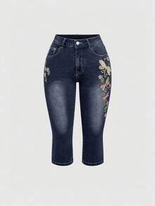ROMWE Fairycore Women Y2k Summer Retro Dragonfly Embroidery Capri Super Low Waist Jeans - Blue - View 3