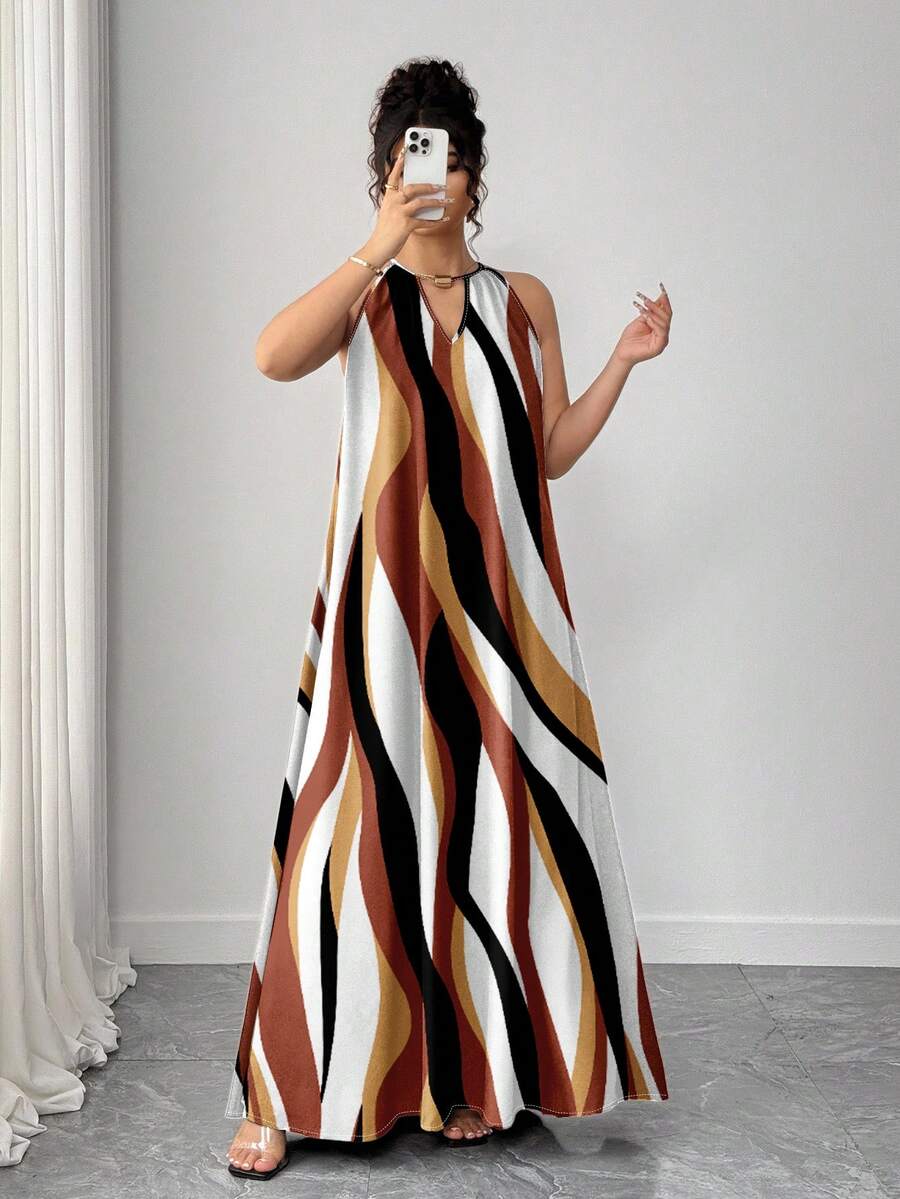 SHEIN Tall CURVE 永不过时的古怪优雅系列(忧郁气质)(周三美学)大码女式梭织休闲露背宽松彩色条纹数码印花连衣裙 - 彩色 - 查看 1