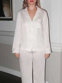 Turnttoni 休闲亚麻长袖上衣和长裤条纹睡衣套装，舒适的假日季节舒适优雅的细节，秋季服装 - 米色 - 查看 3