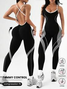 Dewbera Seamless Blue Backless Camisole Jumpsuit - Black - View 1