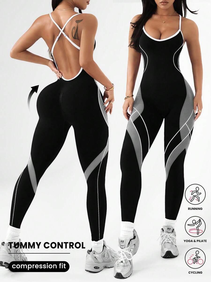 Dewbera Seamless Blue Backless Camisole Jumpsuit - Black - View 1