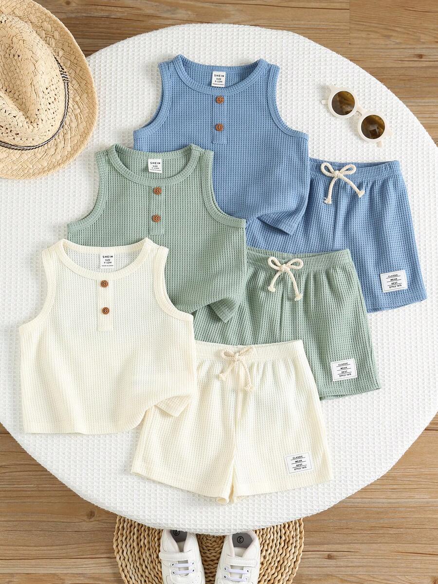SHEIN 6pcs/Set Baby Boy Cute Casual Knit Vest & Shorts Set, Basic Multi-Pack, Summer - Multicolor - View 1