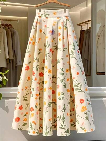 SHEIN Franclia 女士优雅浪漫度假风印花喇叭裙，春夏款