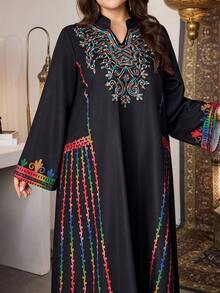 Al Najma 传统刺绣印花长袖立领宽松长款束腰连衣裙，舒适时尚，优雅女士新款土耳其/阿拉伯风格连衣裙